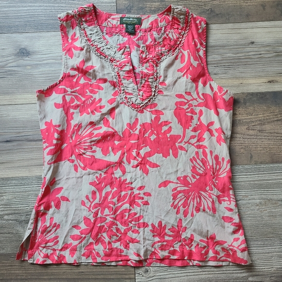 Eddie Bauer Tops - Eddie Bauer Silk Blend Pink & Tan Floral Sleeveless Side Zip Tank Top Womens L